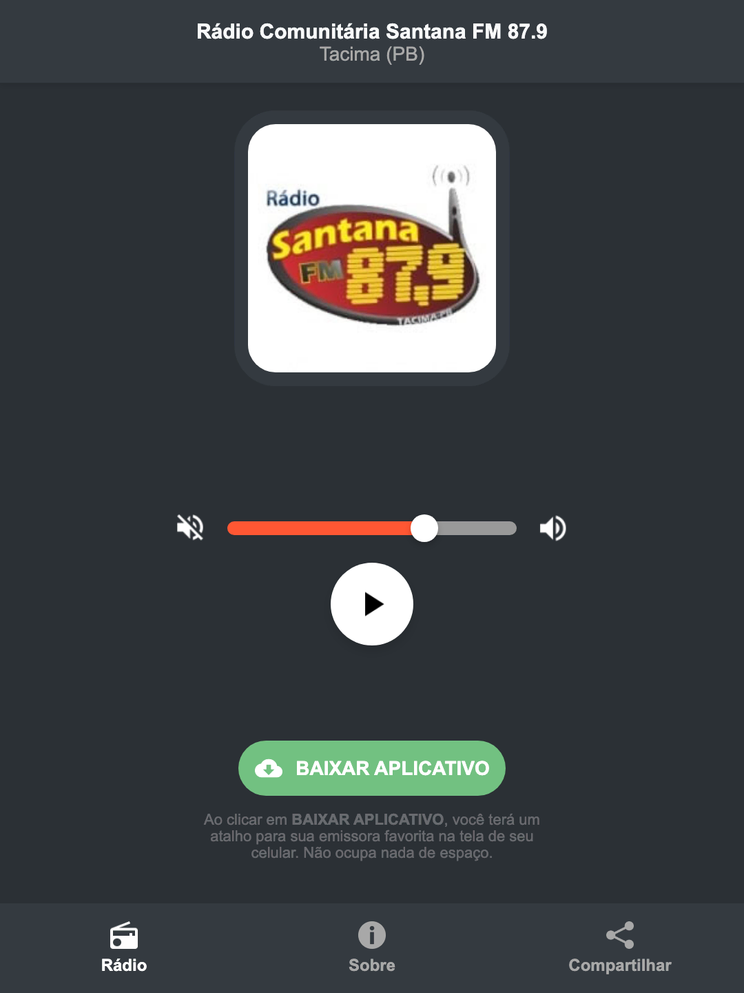 Screenshot do aplicativo da Rádio Comunitária Santana FM 87.9
