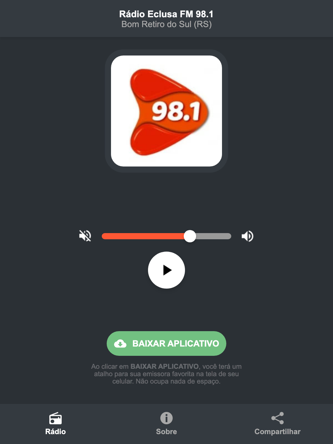 Screenshot do aplicativo da Rádio Eclusa FM 98.1