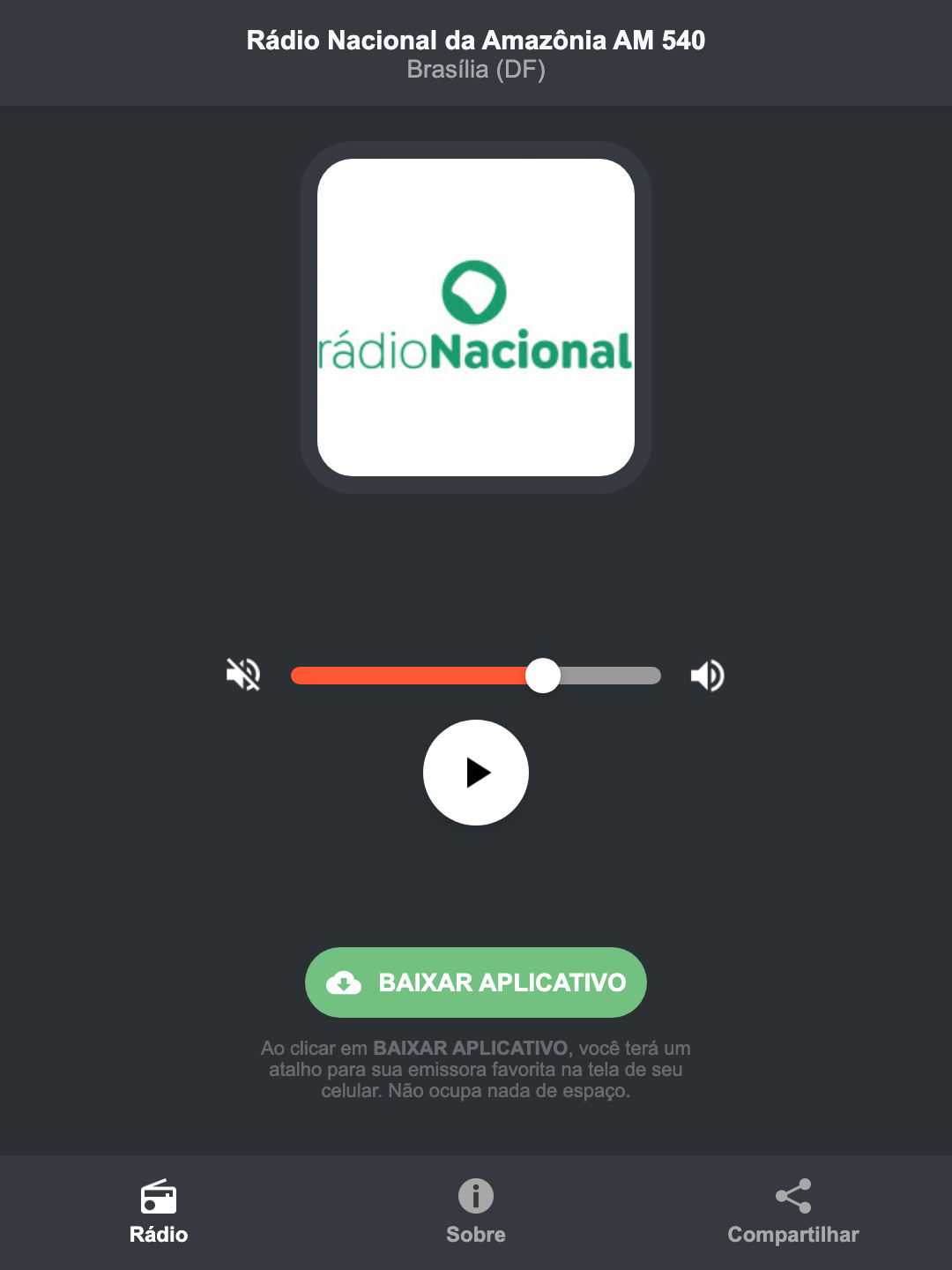 Screenshot do aplicativo da Rádio Nacional da Amazônia AM 540
