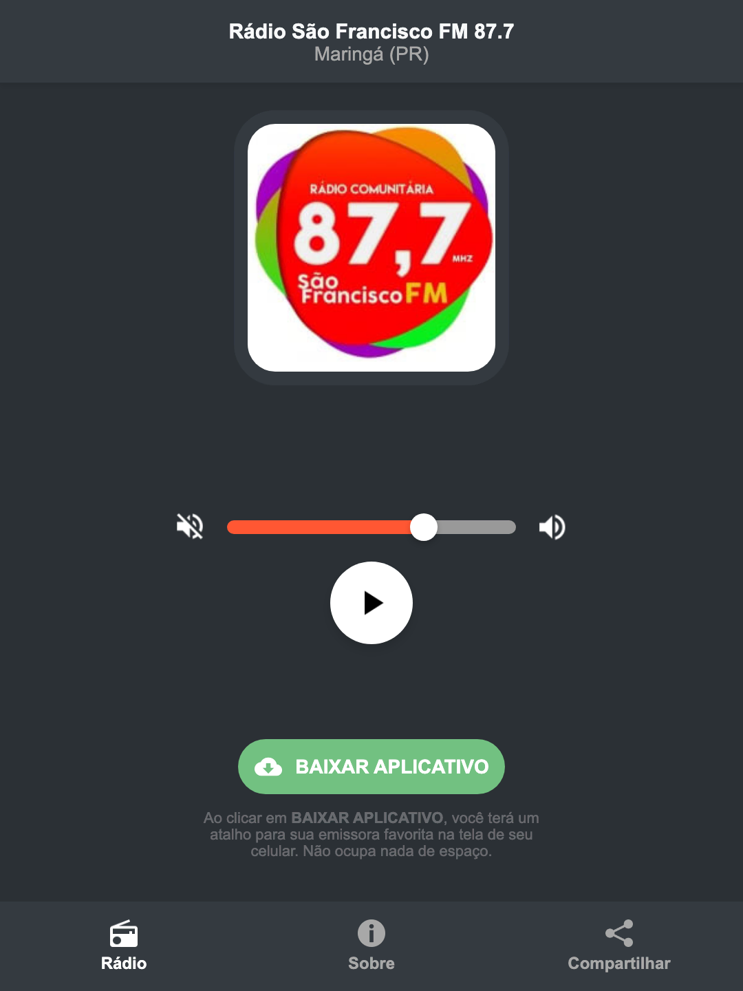 Screenshot do aplicativo da Rádio São Francisco FM 87.7