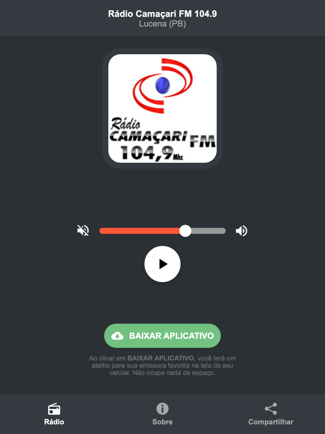 Screenshot do aplicativo da Rádio Camaçari FM 104.9