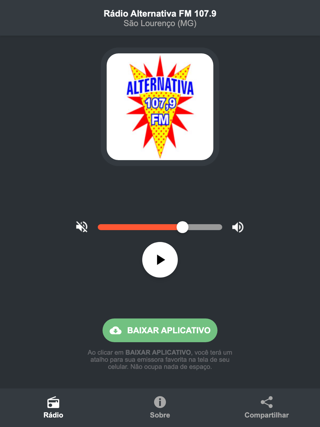 Screenshot do aplicativo da Rádio Alternativa FM 107.9