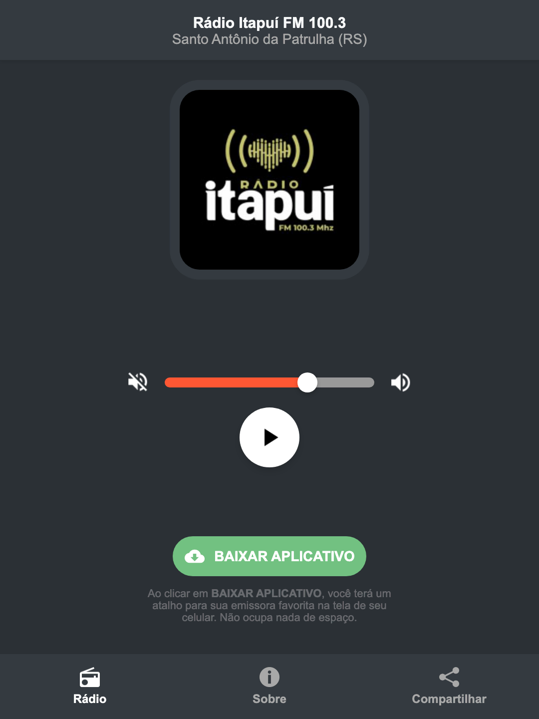 Screenshot do aplicativo da Rádio Itapuí FM 100.3