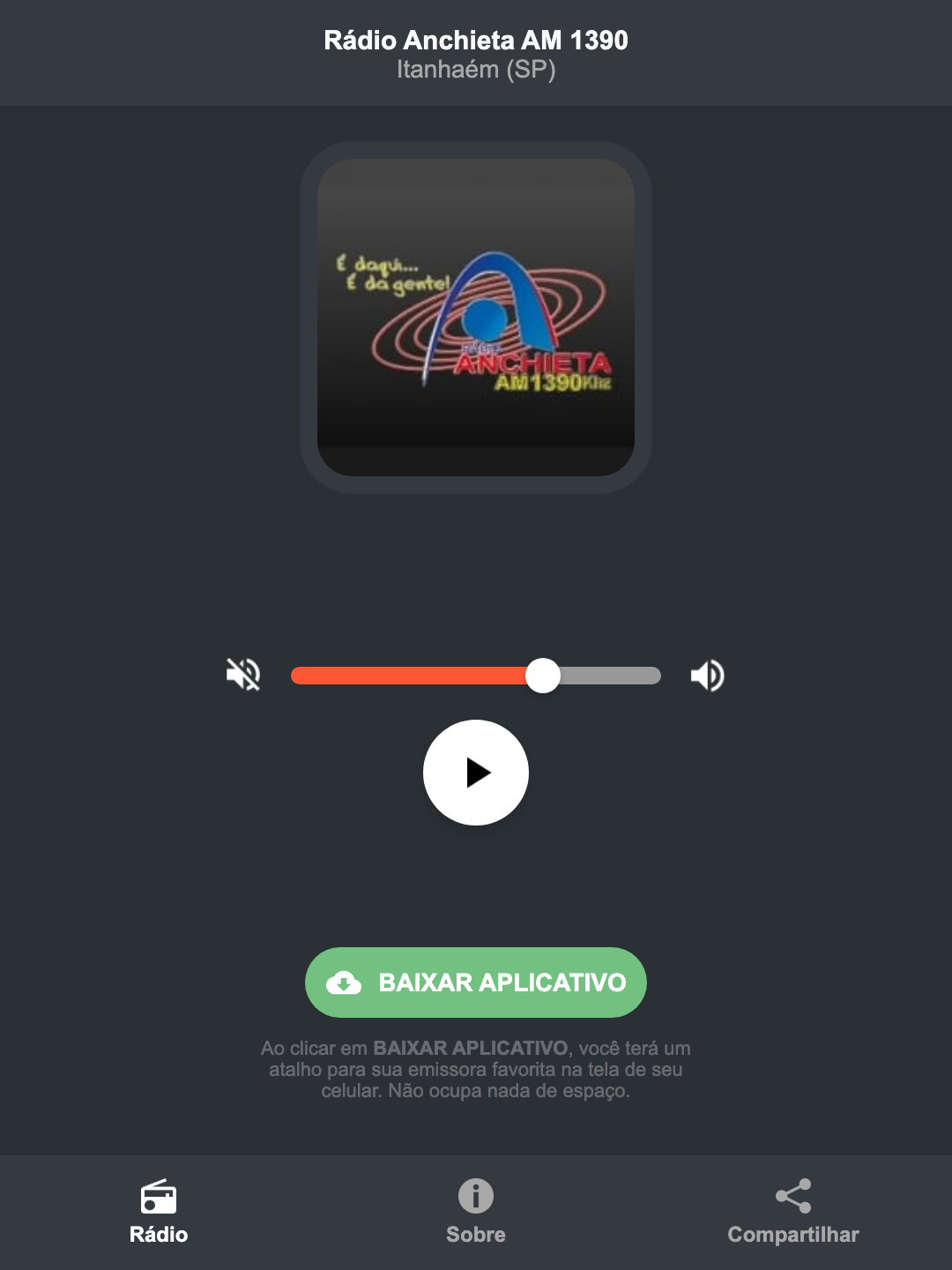 Screenshot do aplicativo da Rádio Anchieta AM 1390