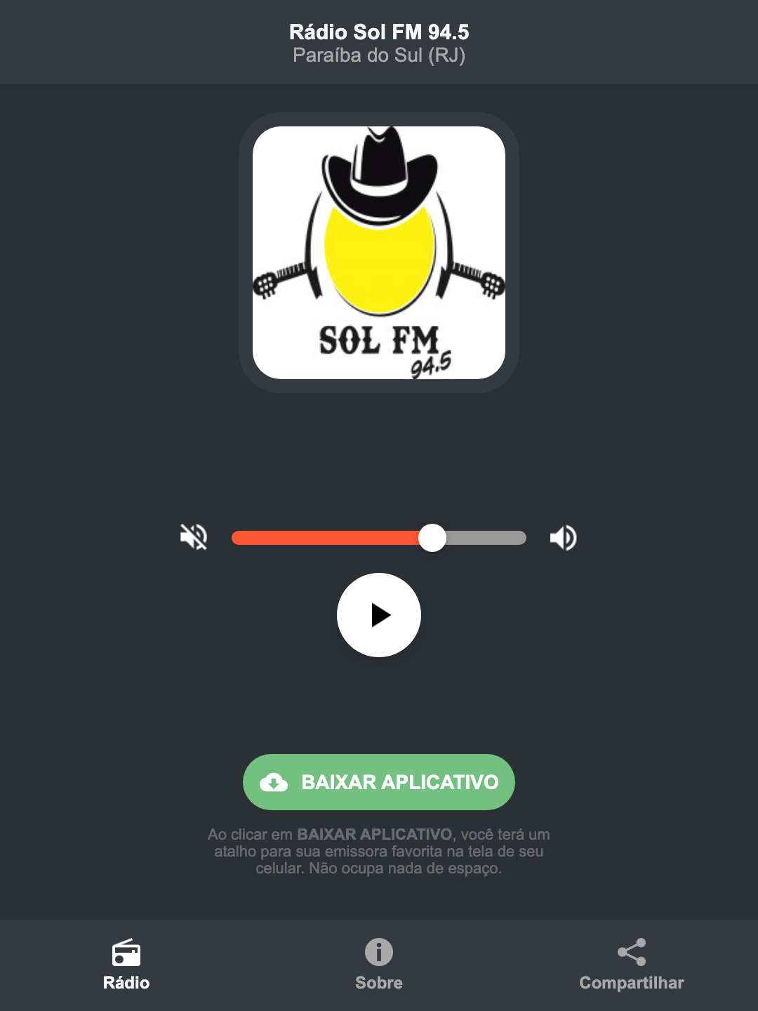 Screenshot do aplicativo da Rádio Sol FM 94.5