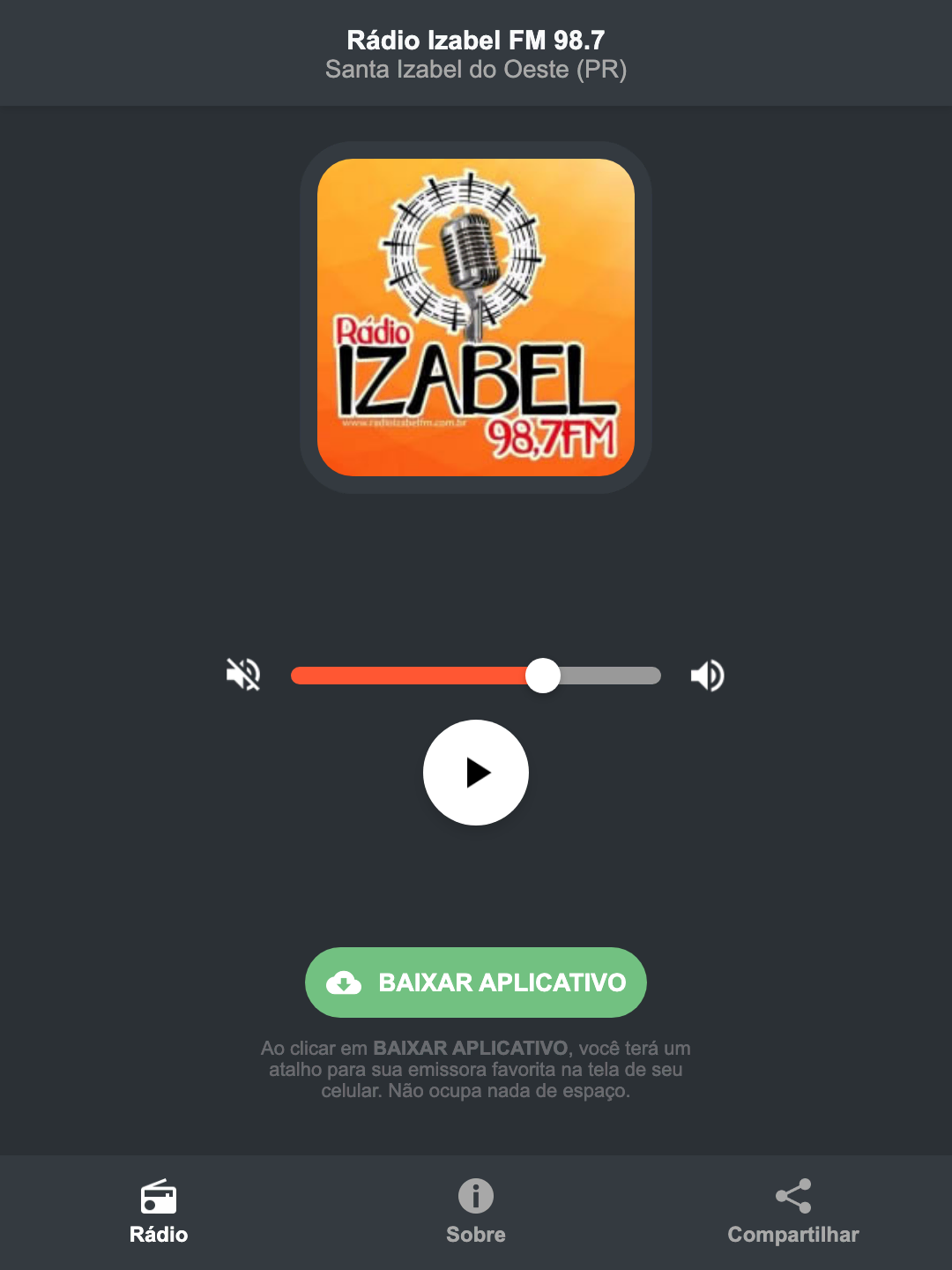 Screenshot do aplicativo da Rádio Izabel FM 98.7