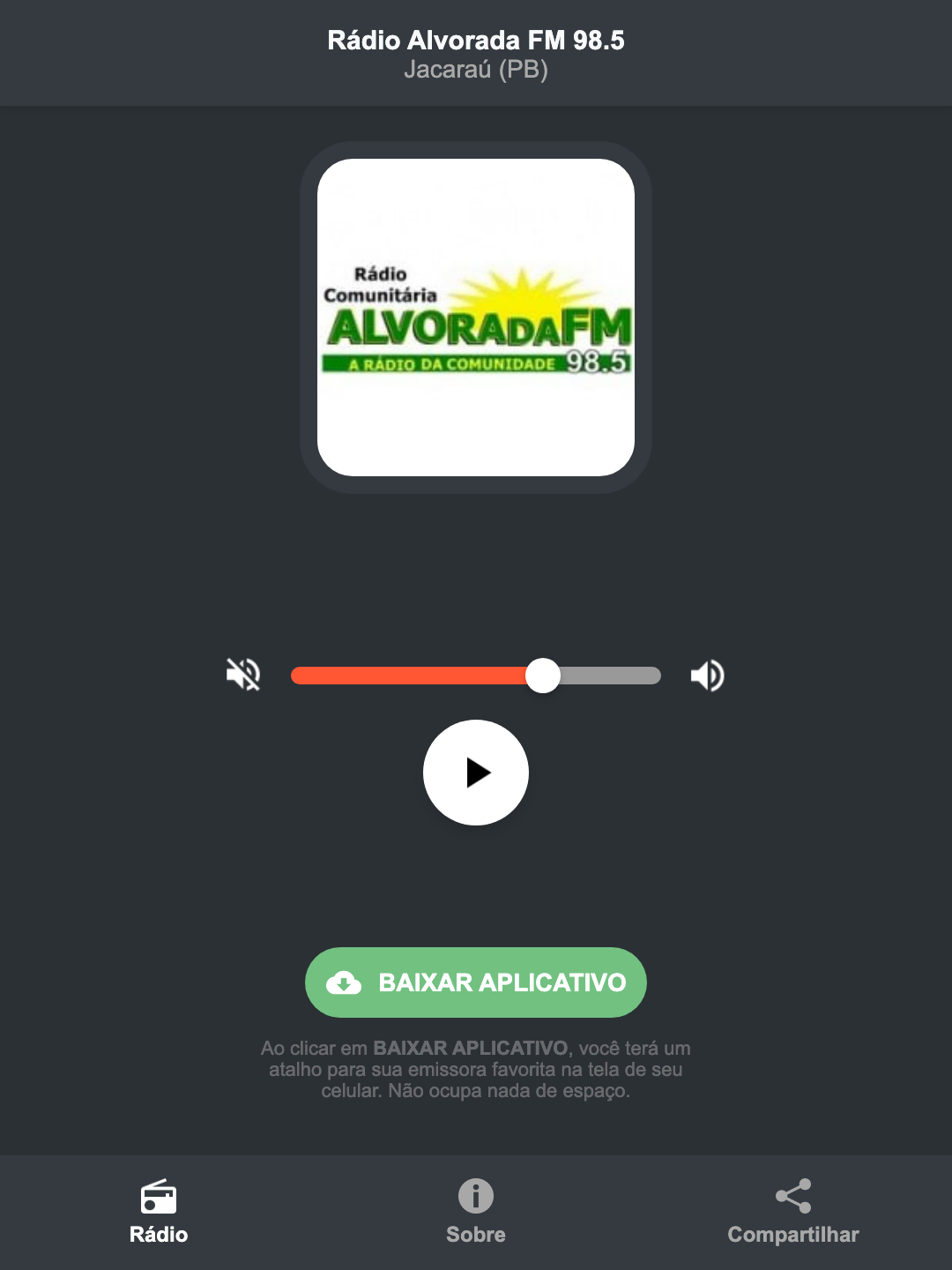 Screenshot do aplicativo da Rádio Alvorada FM 98.5