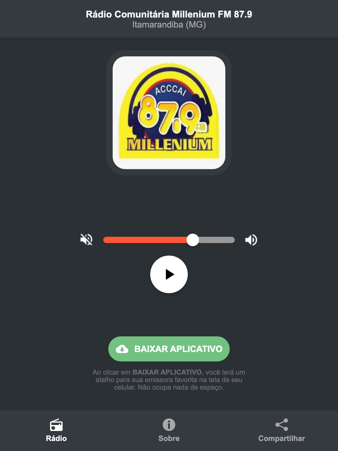 Screenshot do aplicativo da Rádio Comunitária Millenium FM 87.9