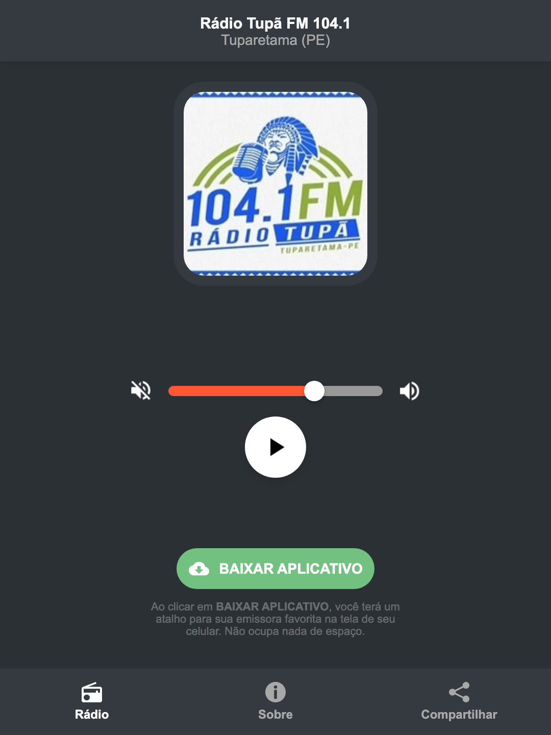 Screenshot do aplicativo da Rádio Tupã FM 104.1