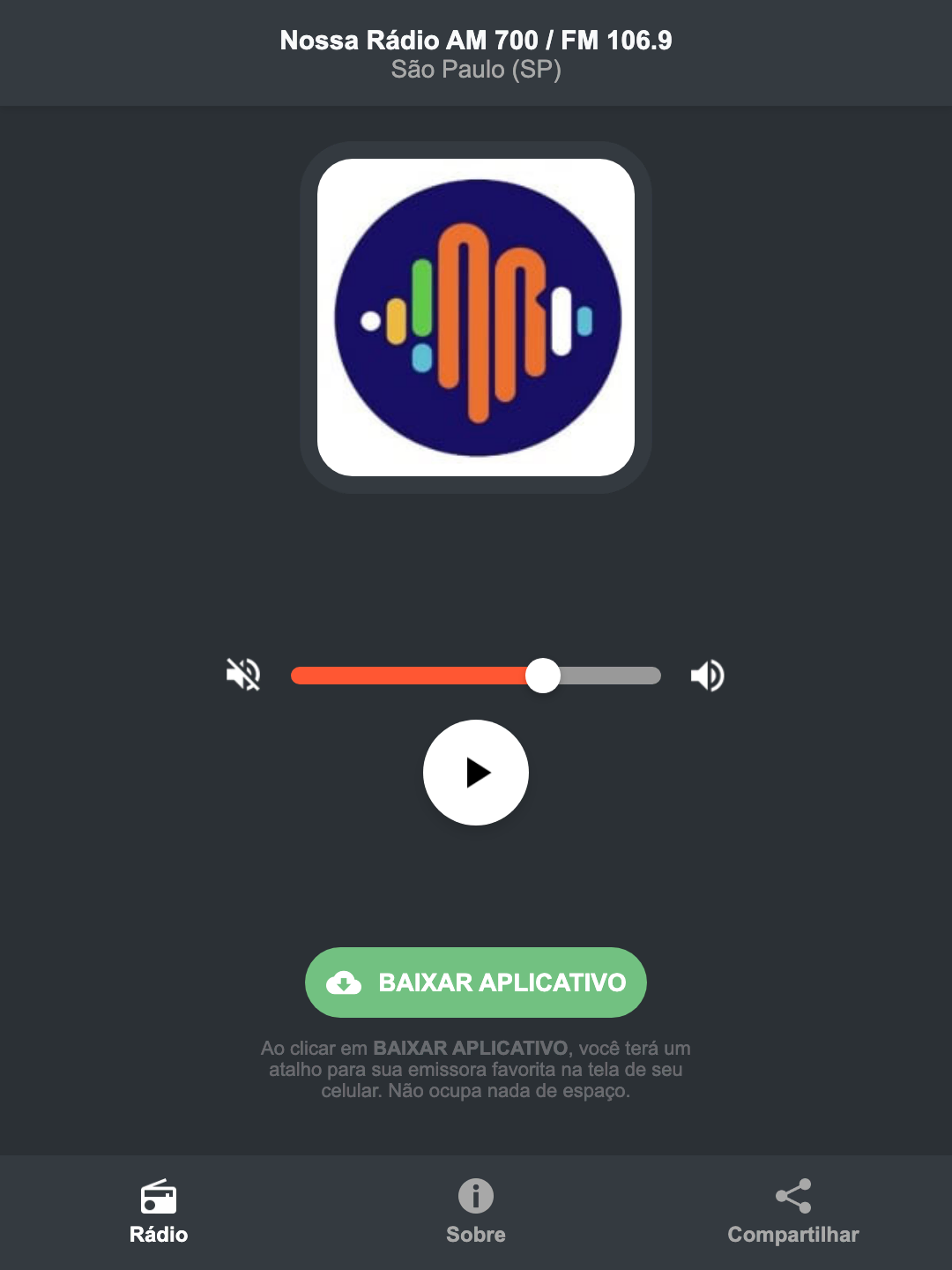 Screenshot do aplicativo da Nossa Rádio AM 700 / FM 106.9