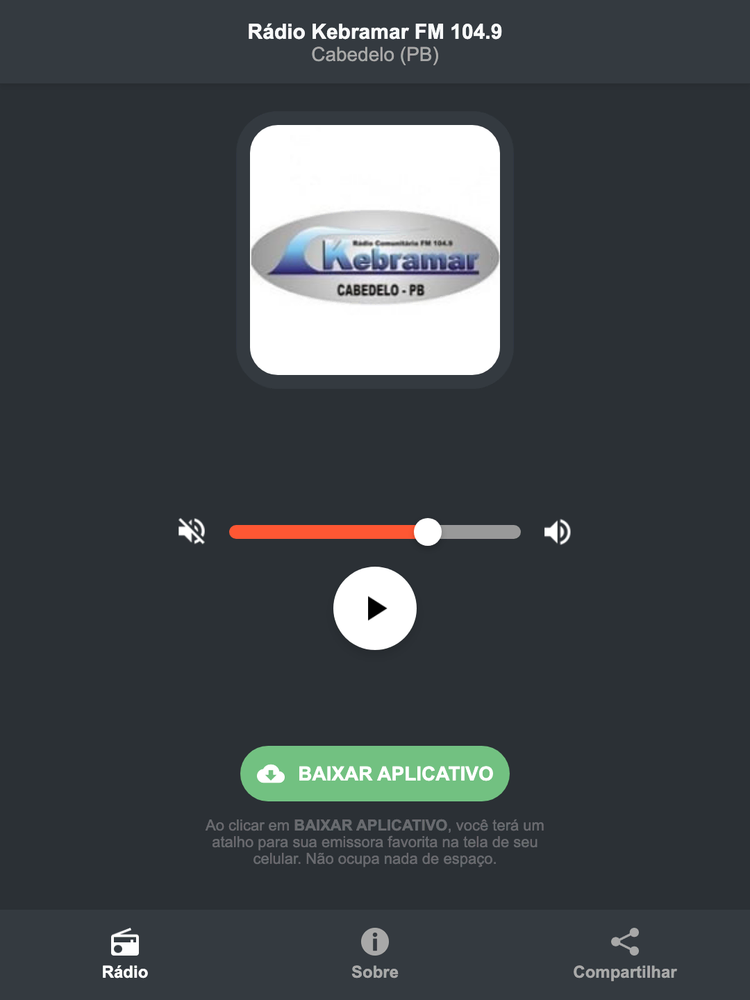 Screenshot do aplicativo da Rádio Kebramar FM 104.9