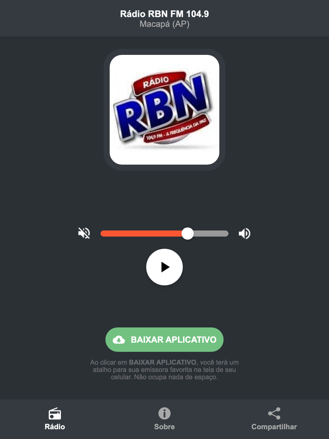 Screenshot do aplicativo da Rádio RBN FM 104.9
