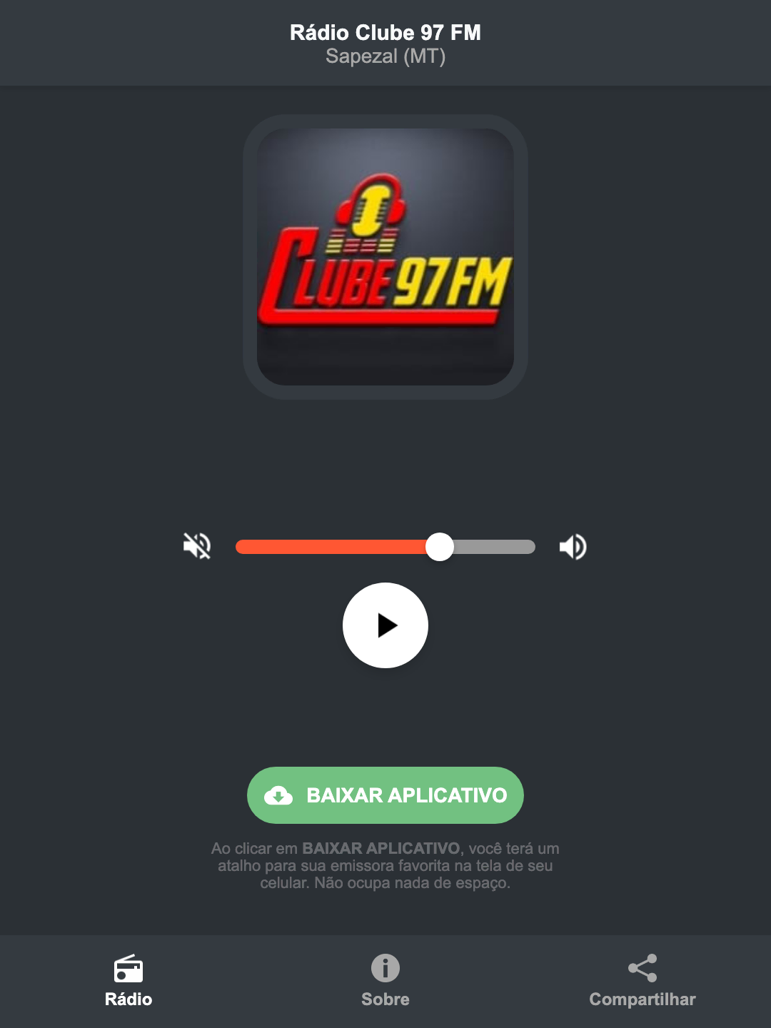 Screenshot do aplicativo da Rádio Clube 97 FM