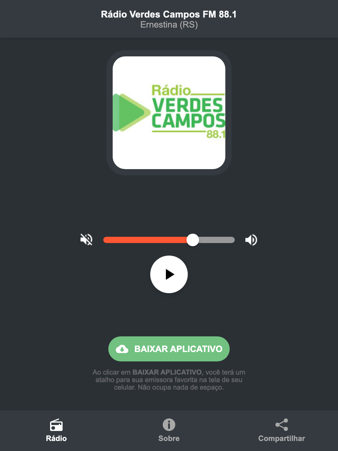 Screenshot do aplicativo da Rádio Verdes Campos FM 88.1