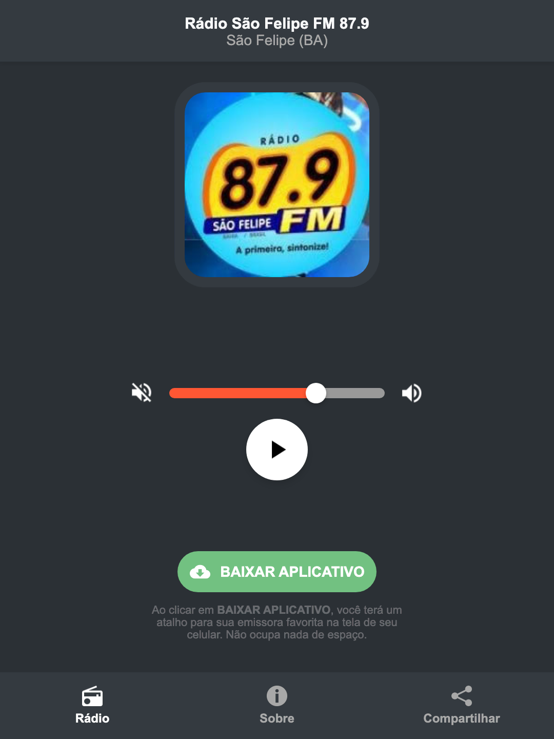 Screenshot do aplicativo da Rádio São Felipe FM 87.9