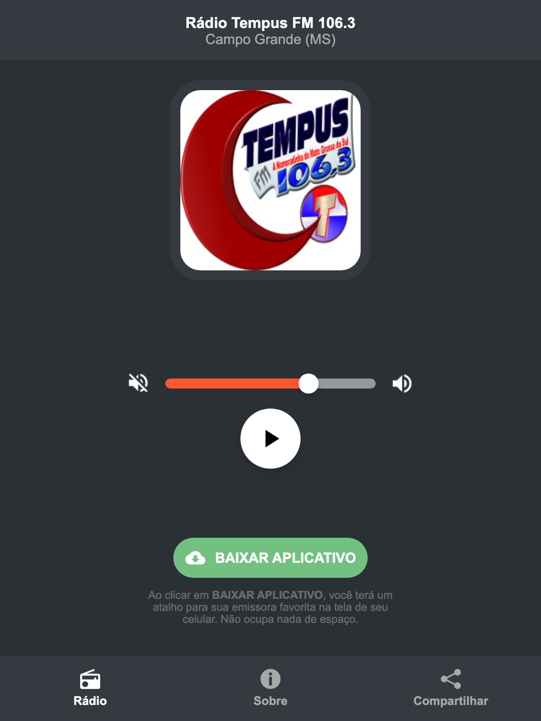 Screenshot do aplicativo da Rádio Tempus FM 106.3