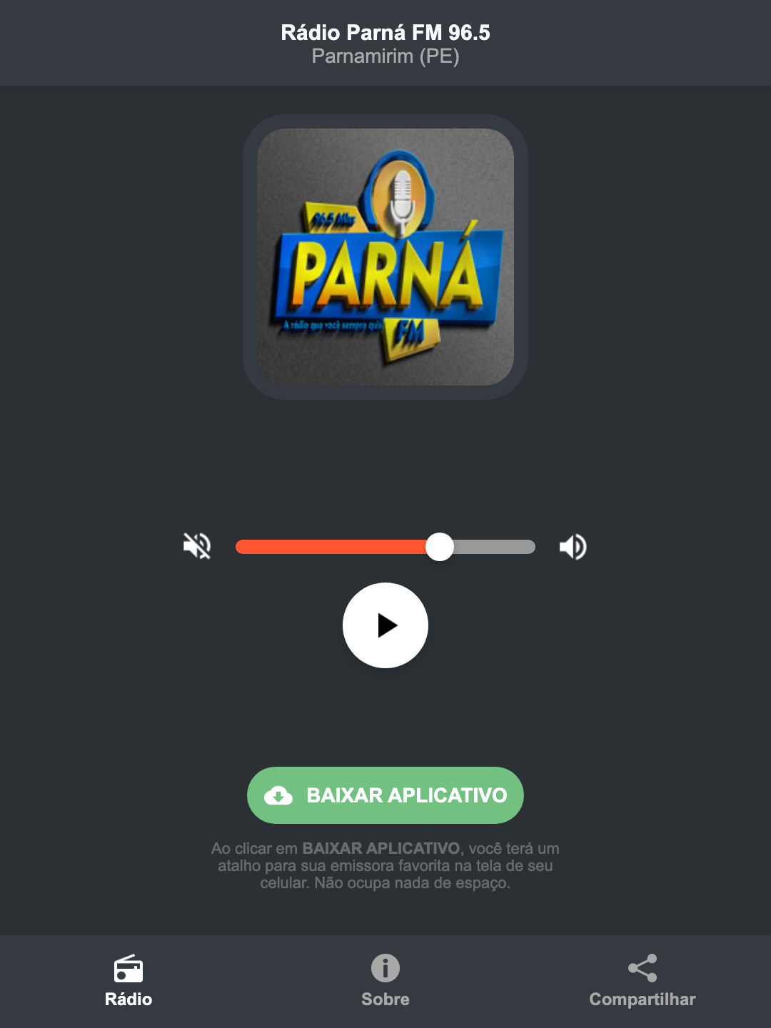 Screenshot do aplicativo da Rádio Parná FM 96.5
