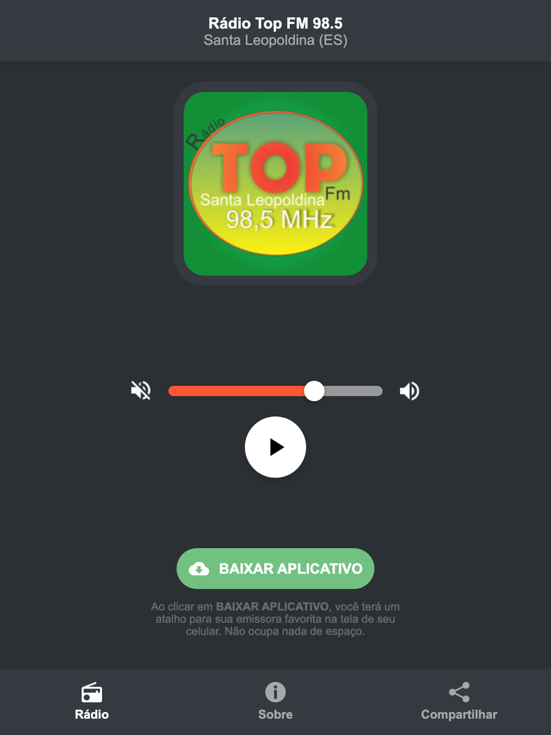 Screenshot do aplicativo da Rádio Top FM 98.5