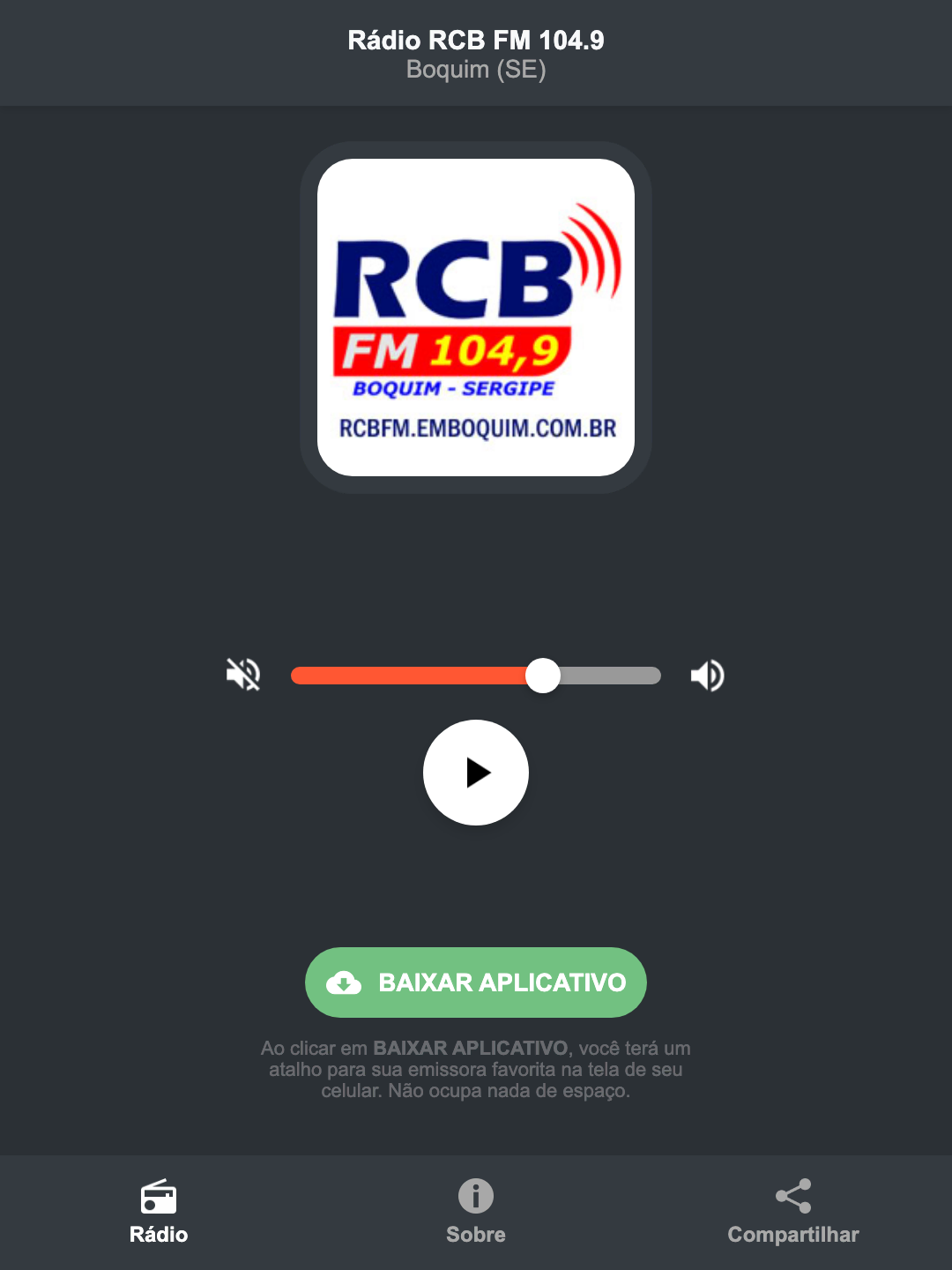 Screenshot do aplicativo da Rádio RCB FM 104.9
