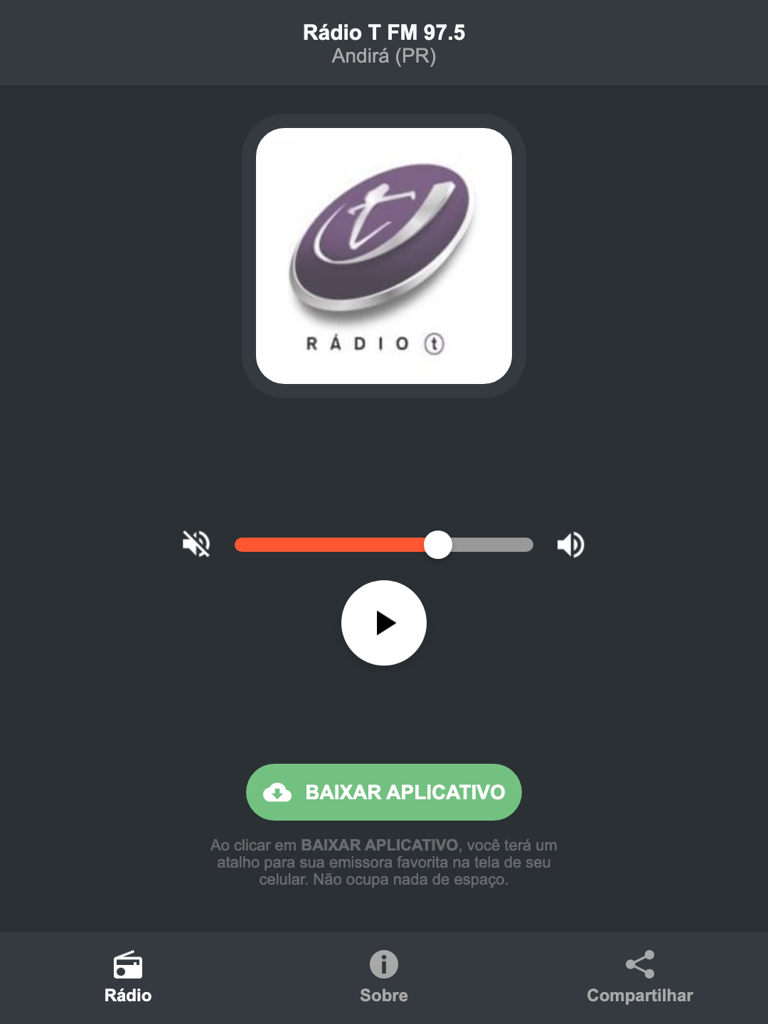 Screenshot do aplicativo da Rádio T FM 97.5