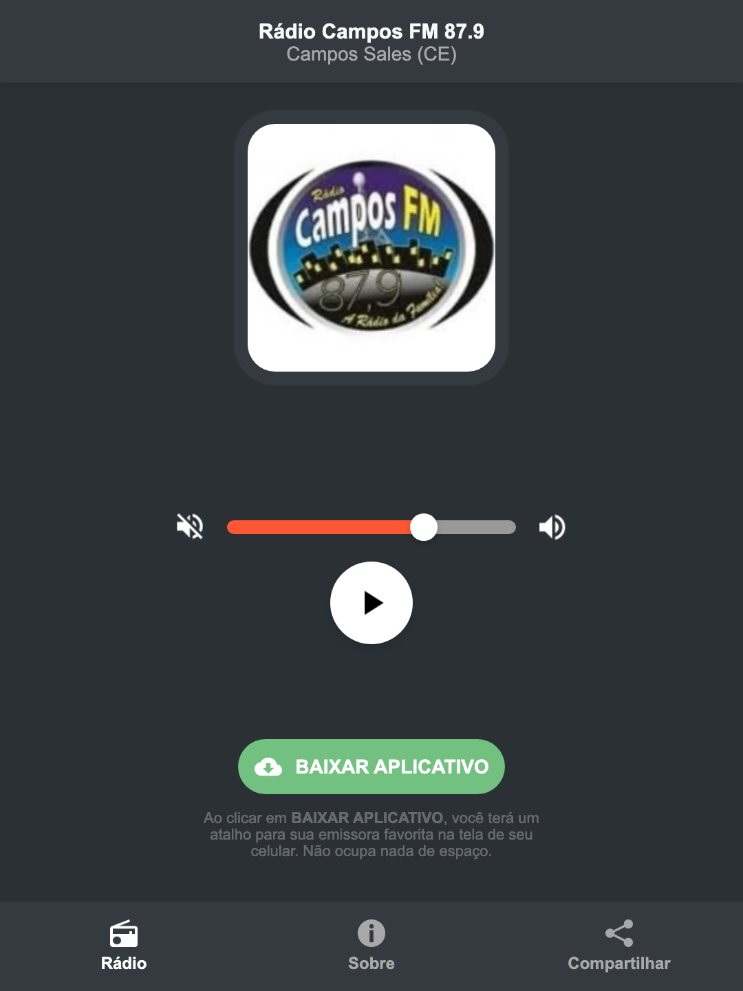 Screenshot do aplicativo da Rádio Campos FM 87.9