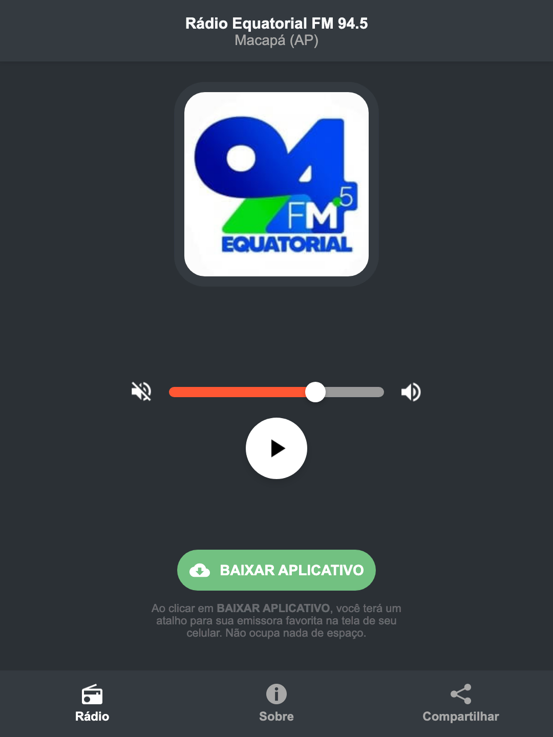 Screenshot do aplicativo da Rádio Equatorial FM 94.5