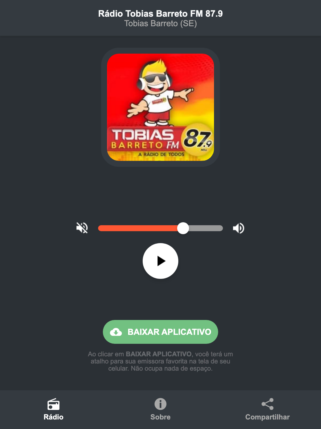 Screenshot do aplicativo da Rádio Tobias Barreto FM 87.9