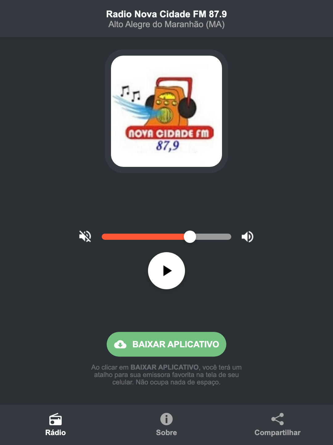 Screenshot do aplicativo da Radio Nova Cidade FM 87.9