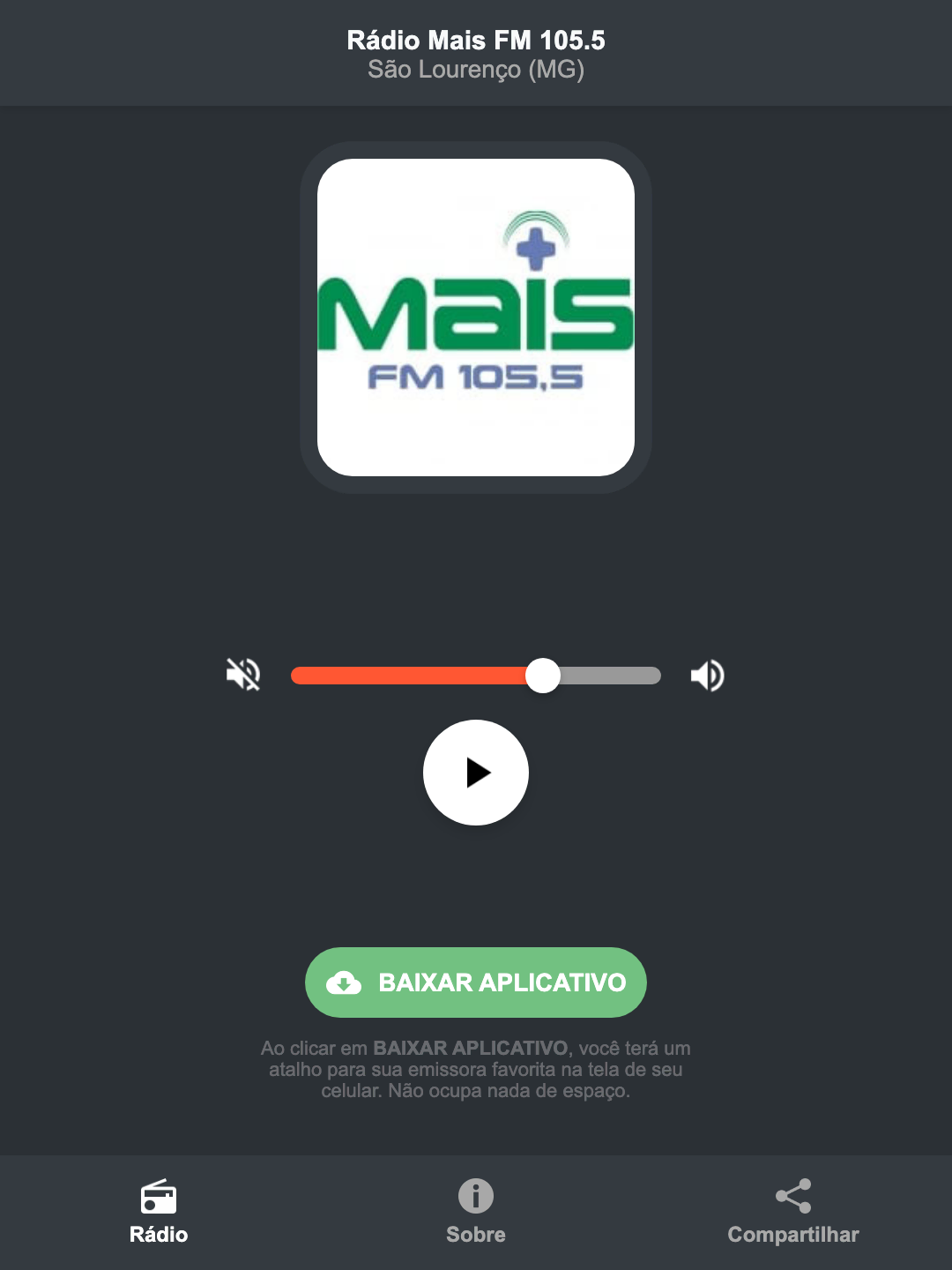 Screenshot do aplicativo da Rádio Mais FM 105.5