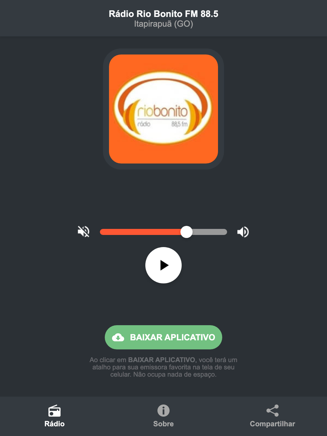 Screenshot do aplicativo da Rádio Rio Bonito FM 88.5
