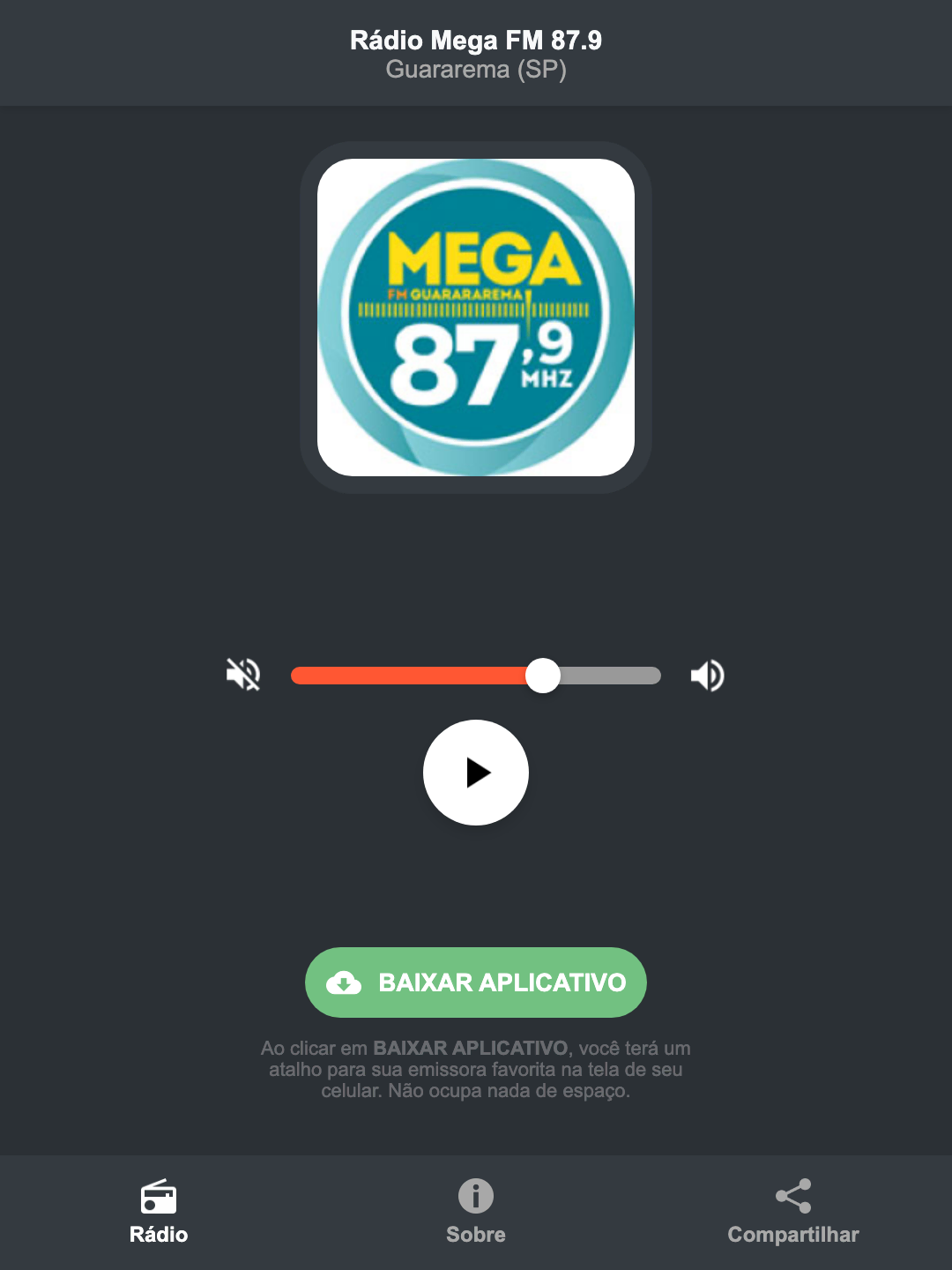 Screenshot do aplicativo da Rádio Mega FM 87.9