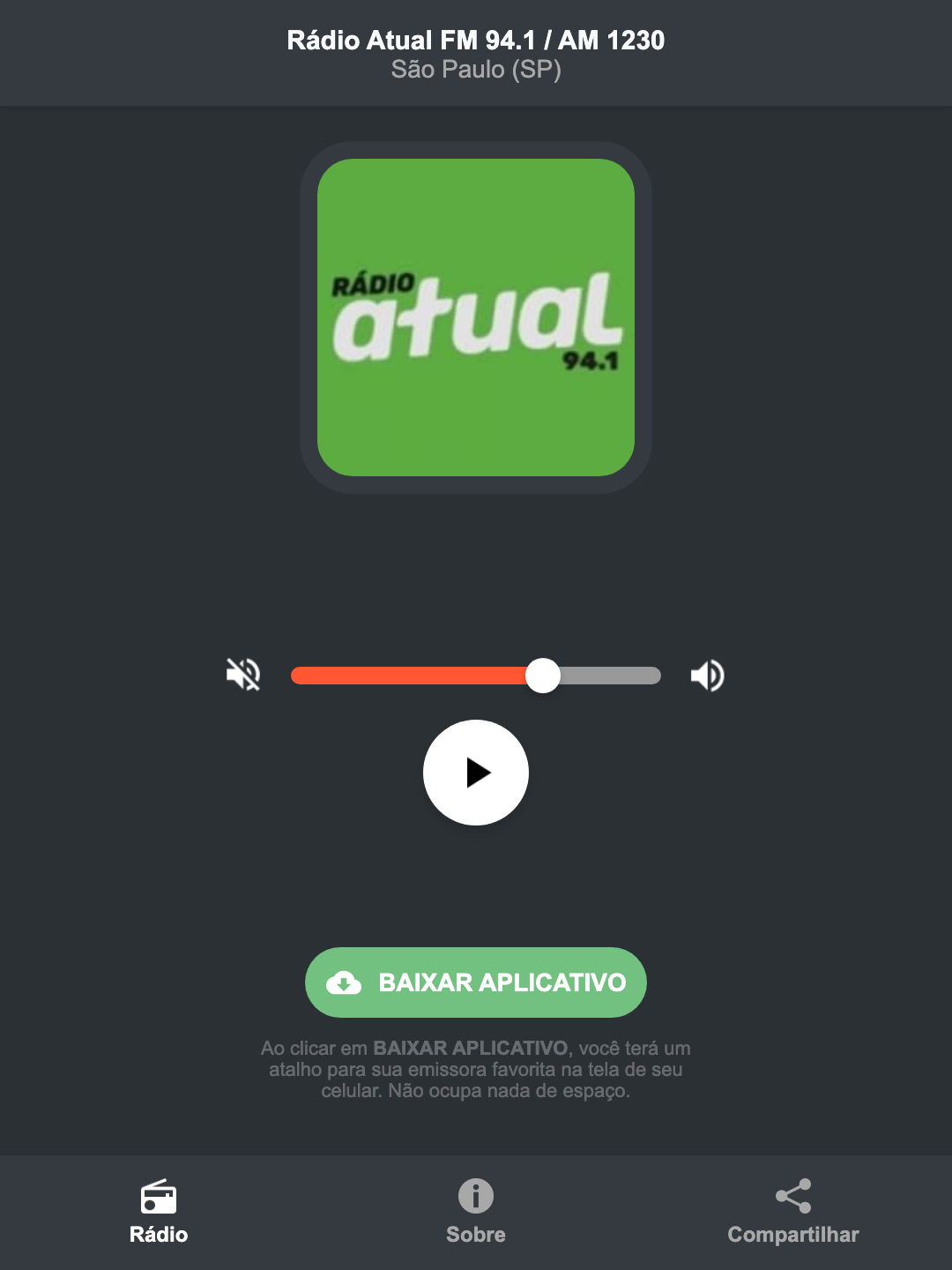 Screenshot do aplicativo da Rádio Atual FM 94.1 / AM 1230