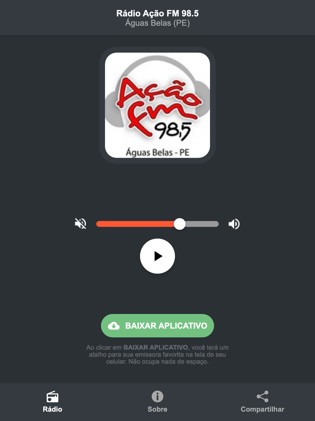 Screenshot do aplicativo da Rádio Ação FM 98.5
