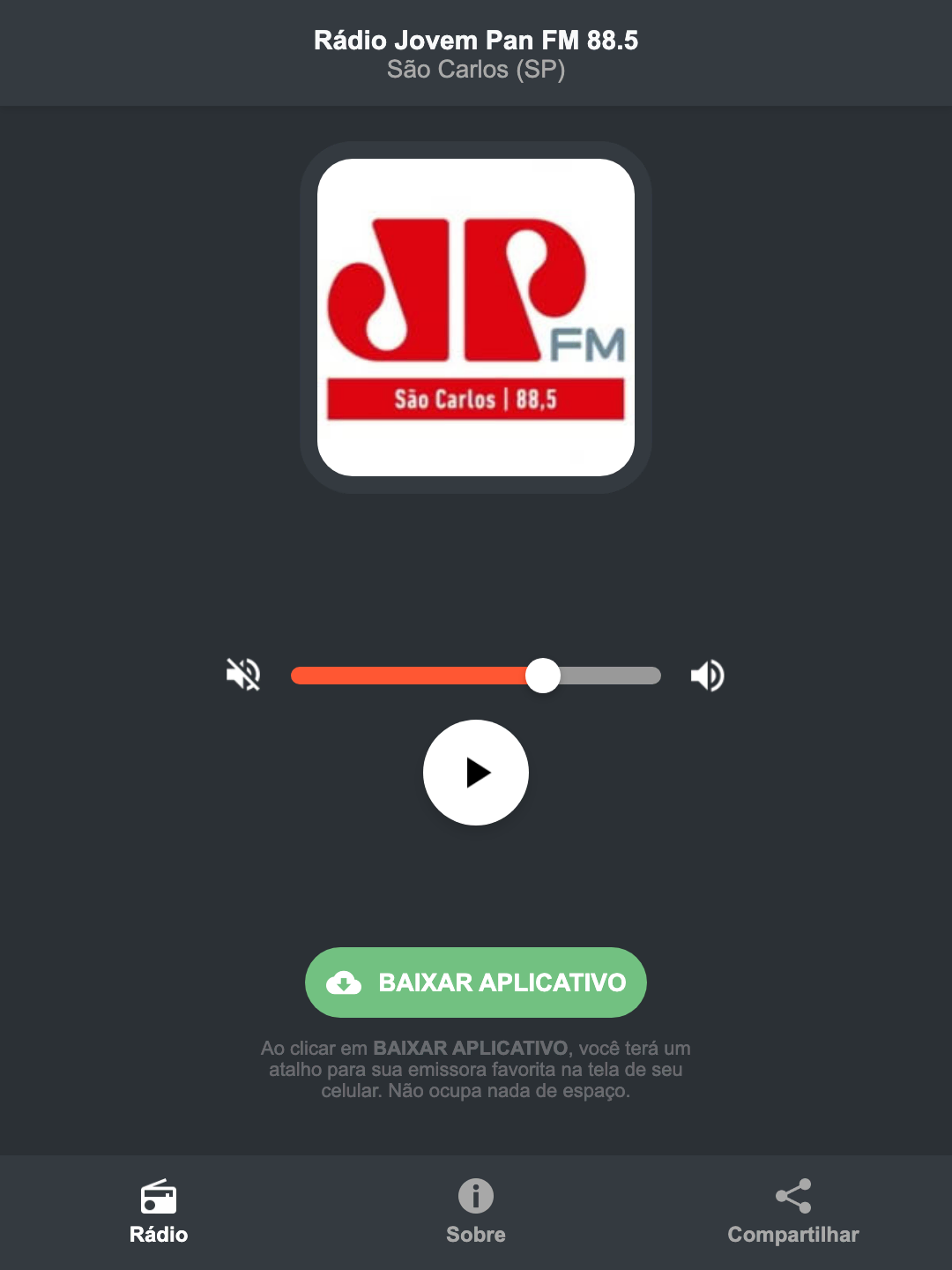 Screenshot do aplicativo da Rádio Jovem Pan FM 88.5