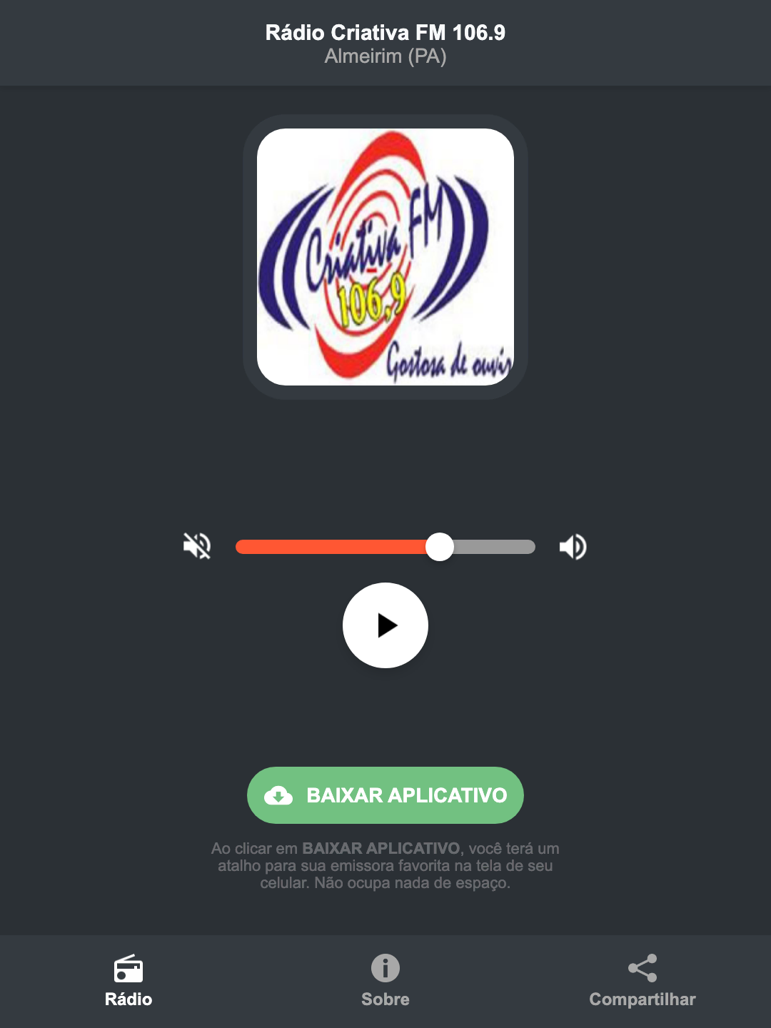 Screenshot do aplicativo da Rádio Criativa FM 106.9