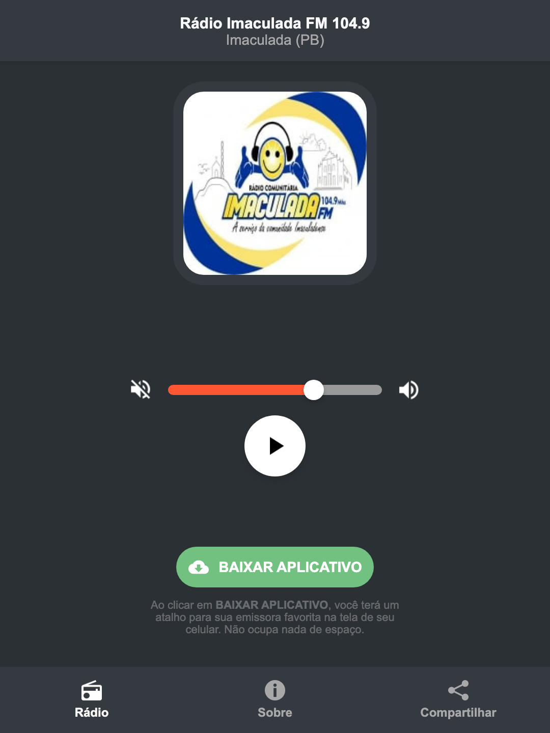 Screenshot do aplicativo da Rádio Imaculada FM 104.9