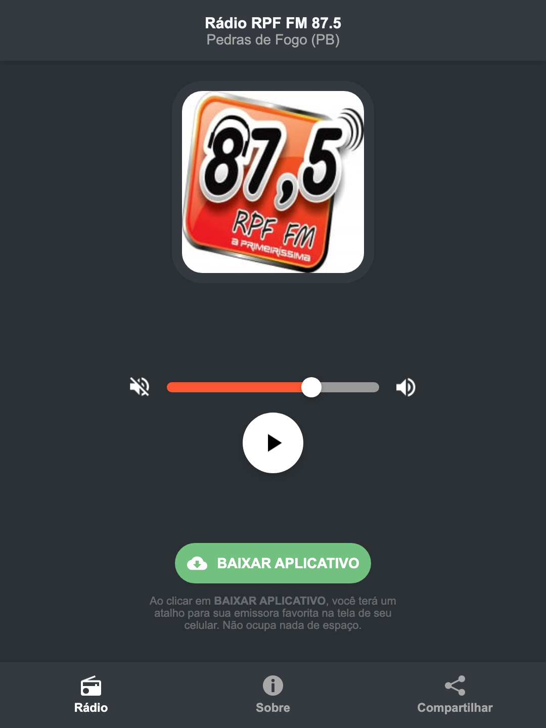 Screenshot do aplicativo da Rádio RPF FM 87.5