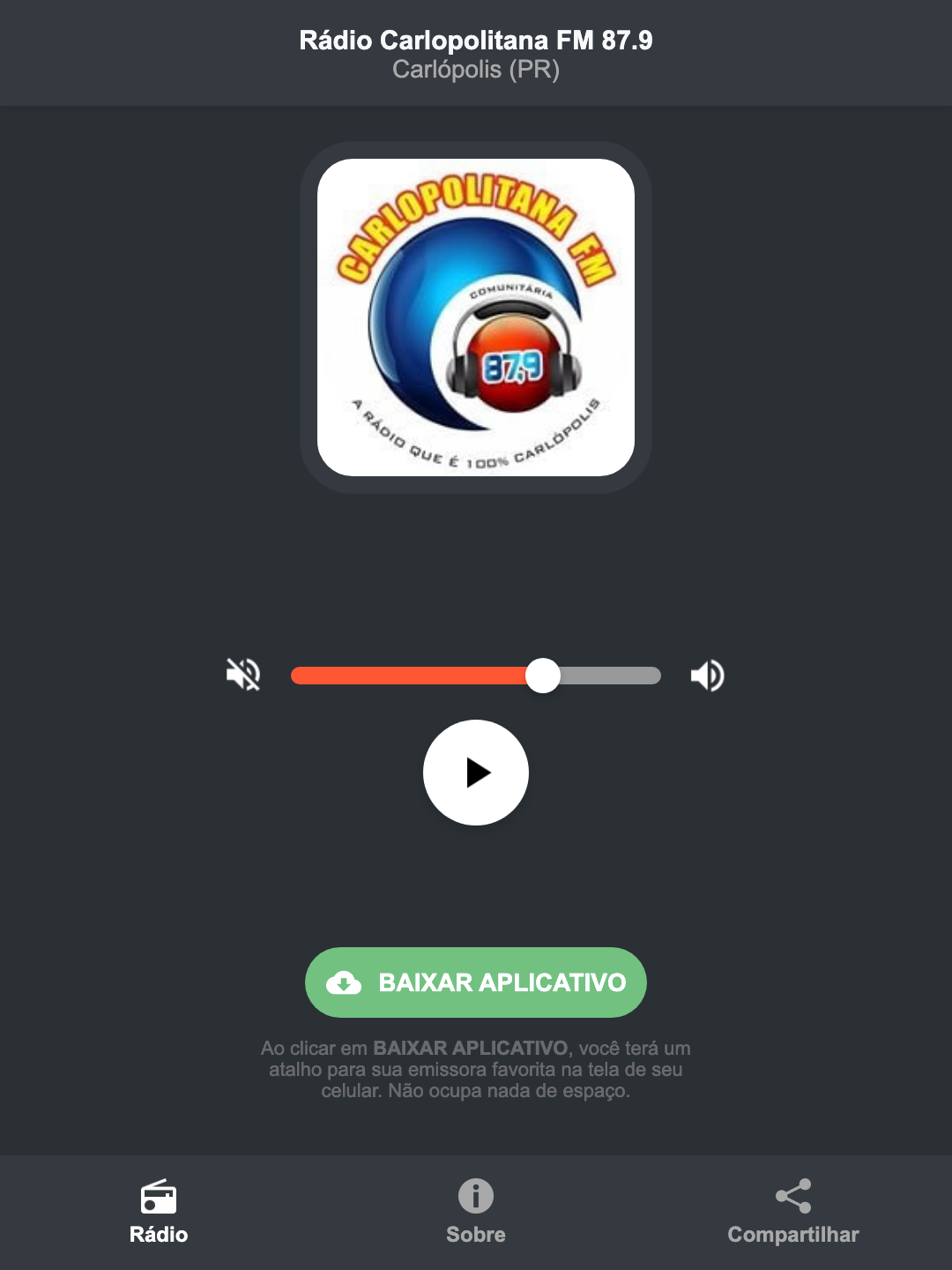 Screenshot do aplicativo da Rádio Carlopolitana FM 87.9