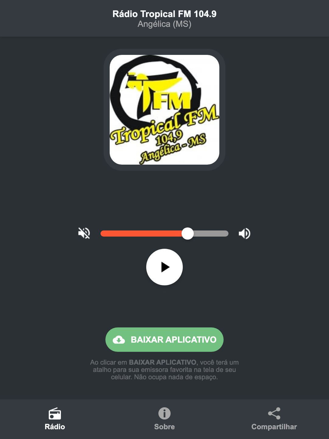 Screenshot do aplicativo da Rádio Tropical FM 104.9