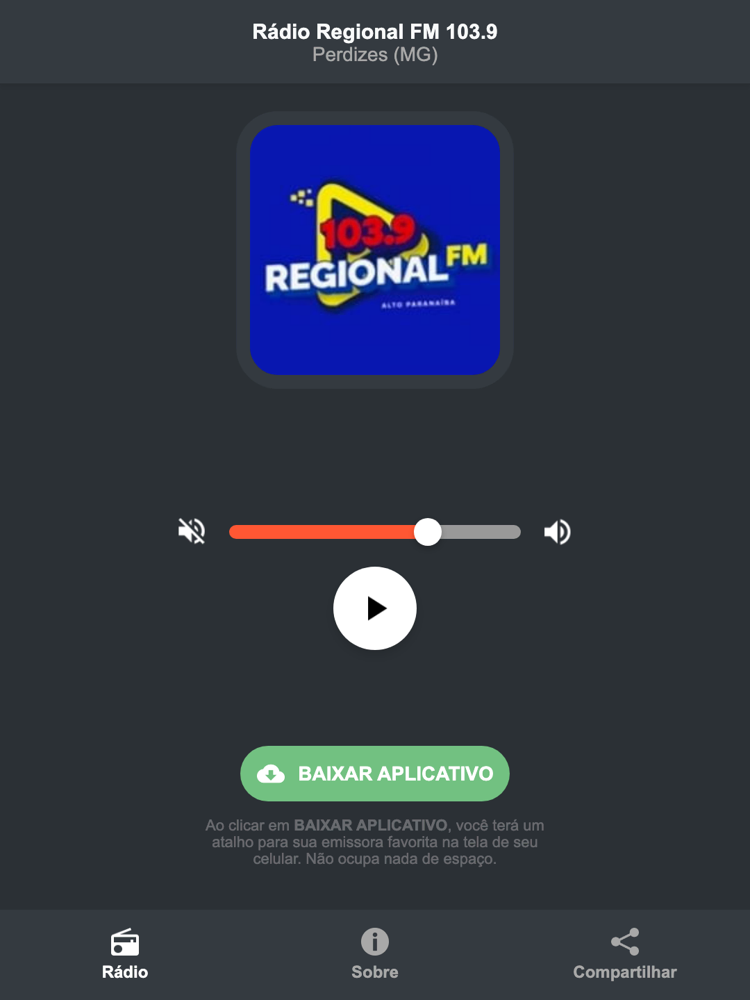 Screenshot do aplicativo da Rádio Regional FM 103.9