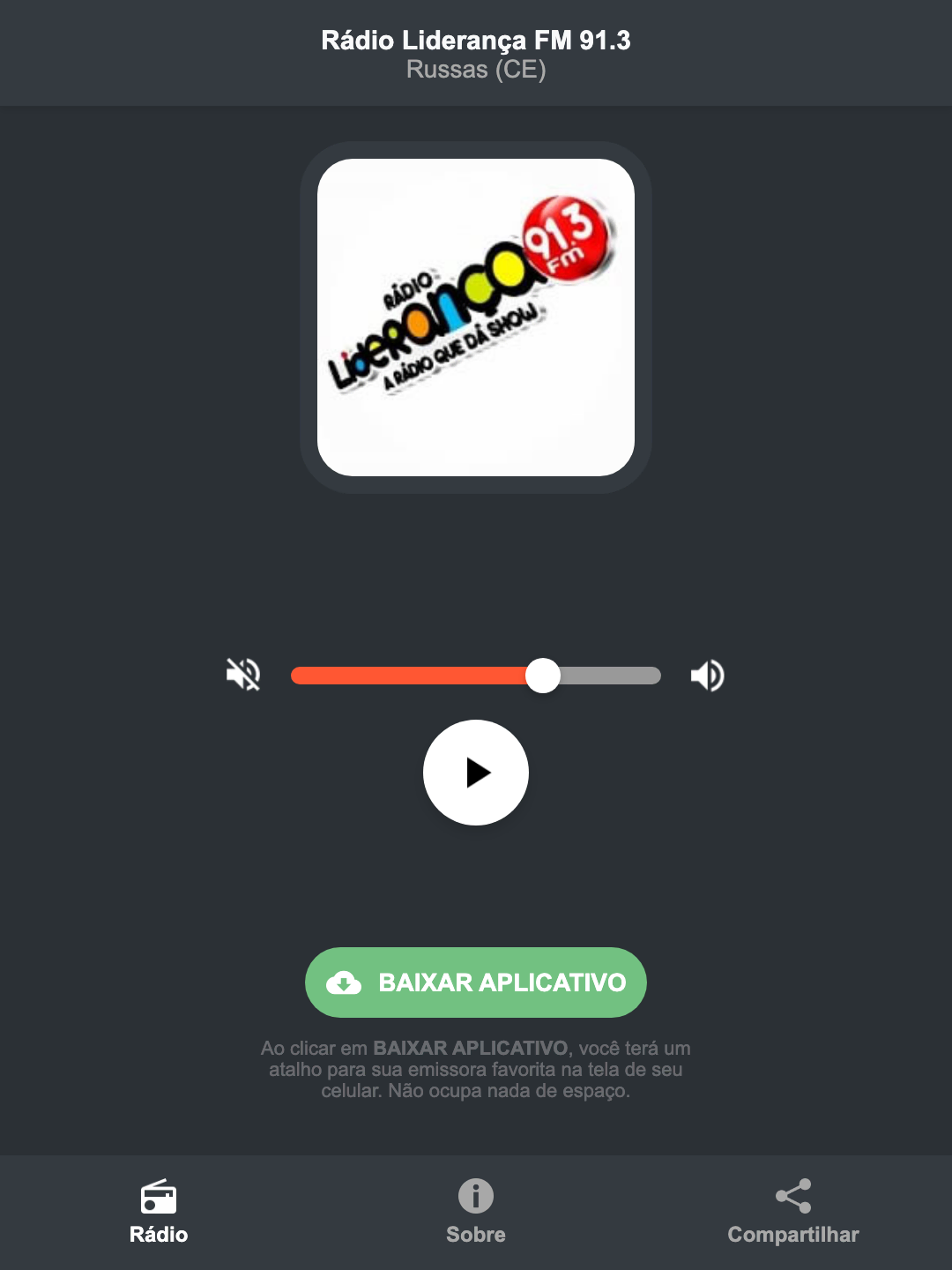 Screenshot do aplicativo da Rádio Liderança FM 91.3