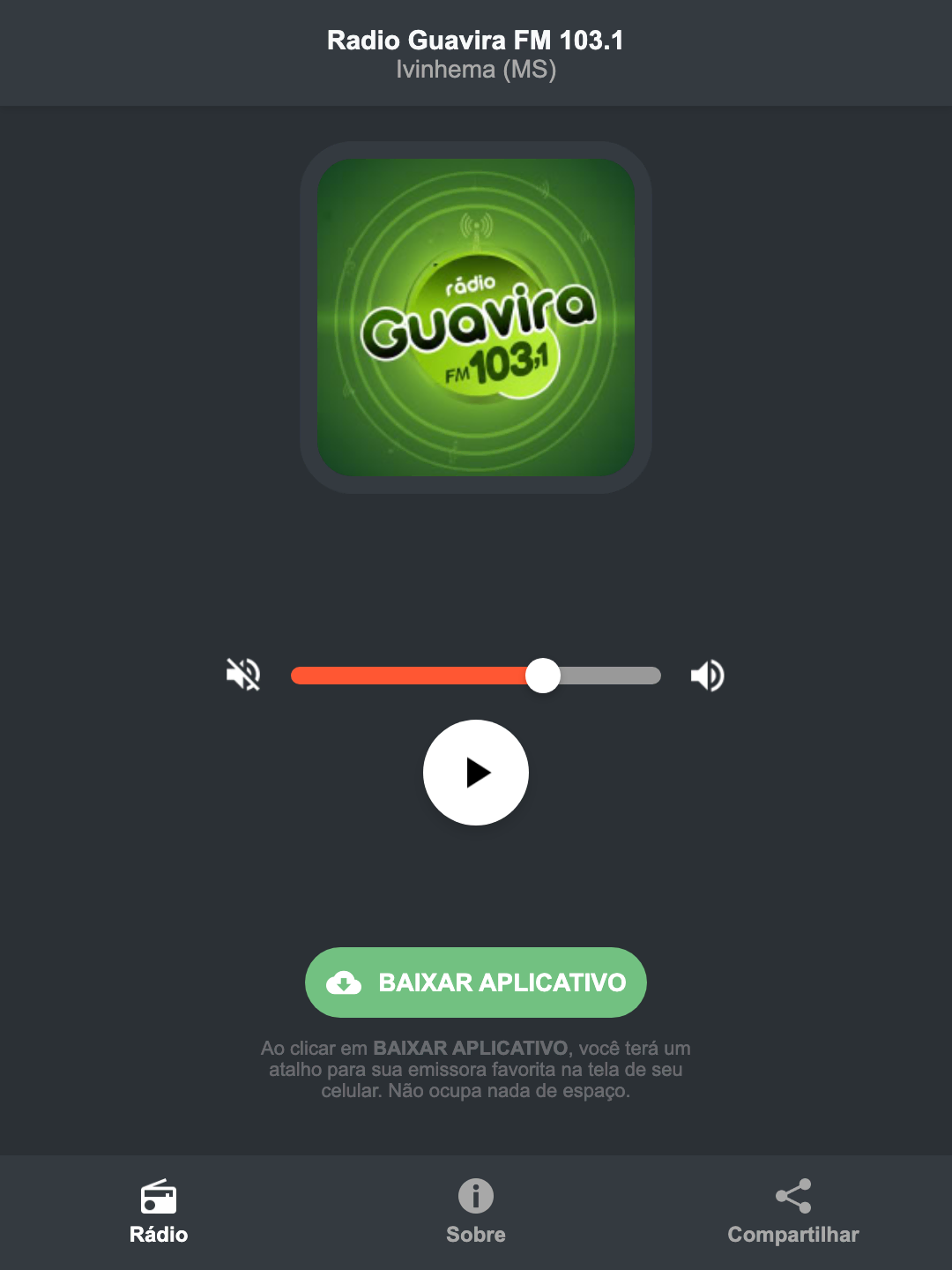 Screenshot do aplicativo da Radio Guavira FM 103.1