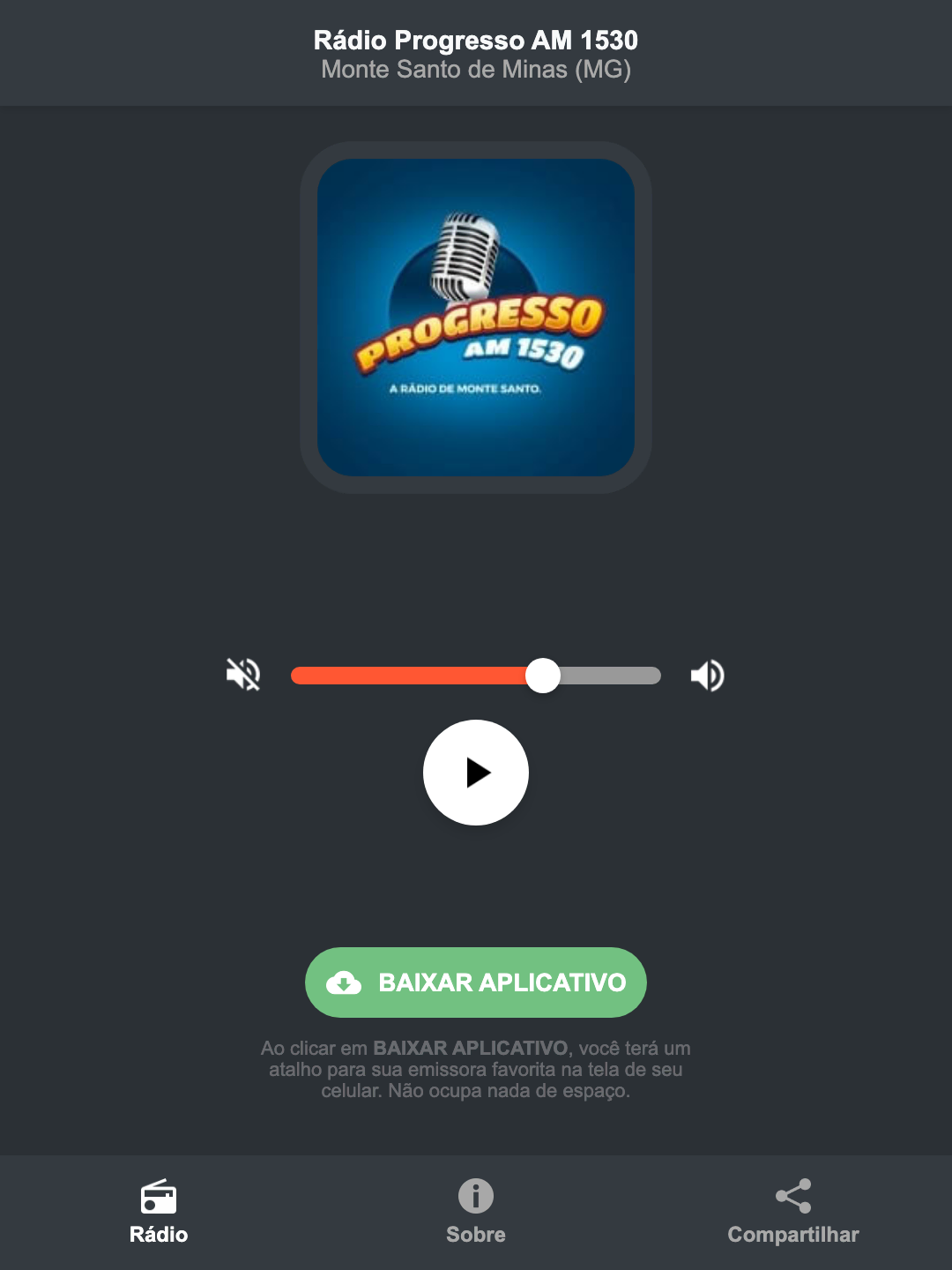 Screenshot do aplicativo da Rádio Progresso AM 1530