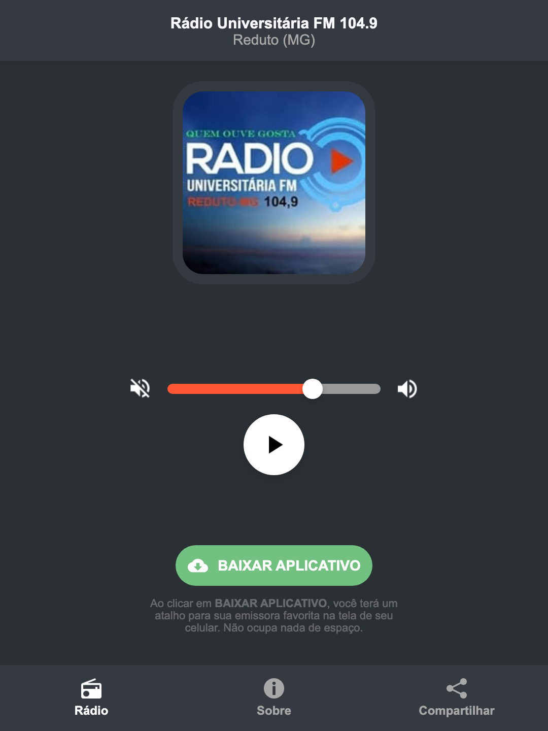 Screenshot do aplicativo da Rádio Universitária FM 104.9