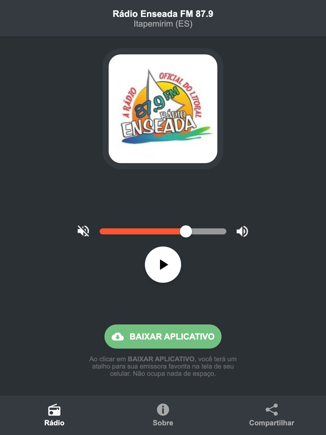 Screenshot do aplicativo da Rádio Enseada FM 87.9