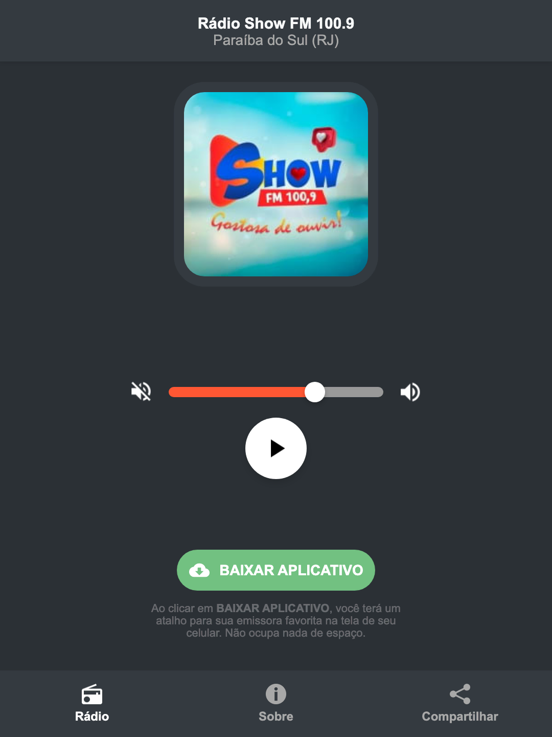 Screenshot do aplicativo da Rádio Show FM 100.9