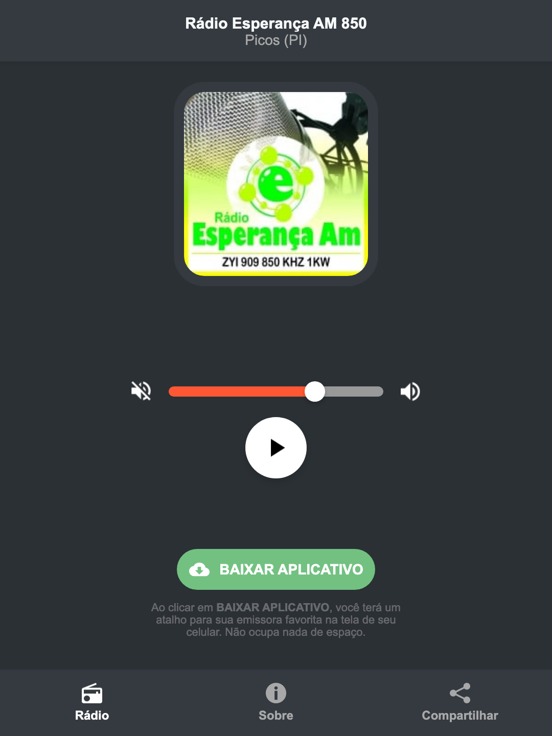 Screenshot do aplicativo da Rádio Esperança AM 850