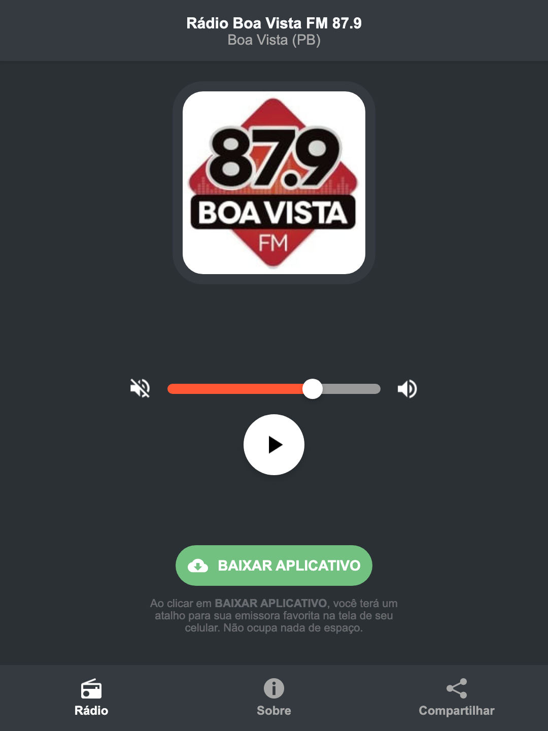 Screenshot do aplicativo da Rádio Boa Vista FM 87.9