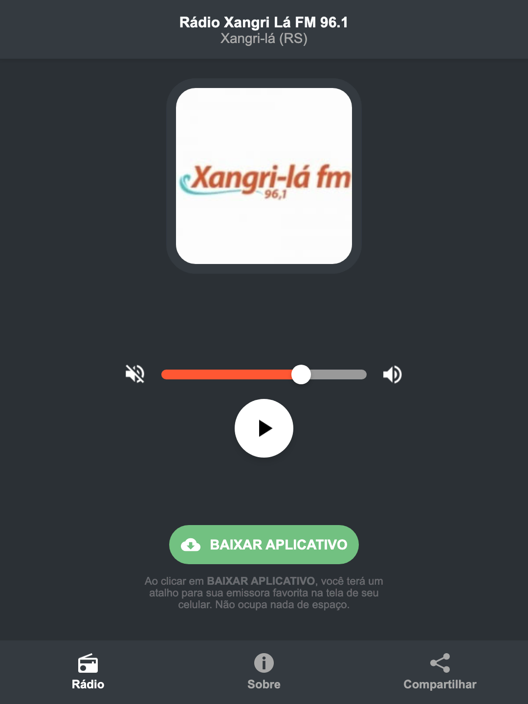 Screenshot do aplicativo da Rádio Xangri Lá FM 96.1