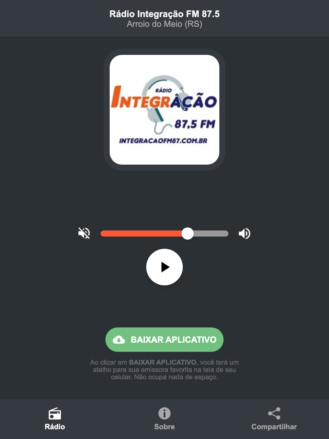 Screenshot do aplicativo da Rádio Integração FM 87.5